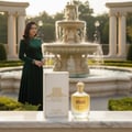Ard Al Zaafaran Ahlam Al Arab EDP — Perfume box, bottle, and spray can on mossy stone wall with lush green trees background.