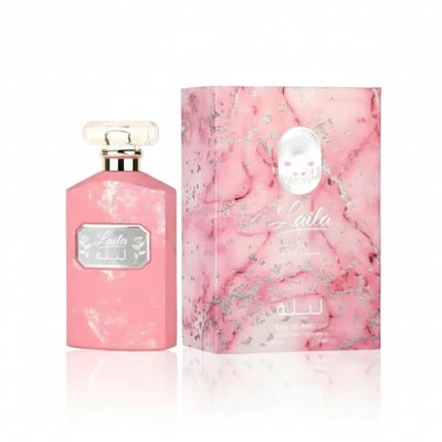 Ard Al Zaafaran Laila – Pink marble bottle and matching box with silver accents and rose motif