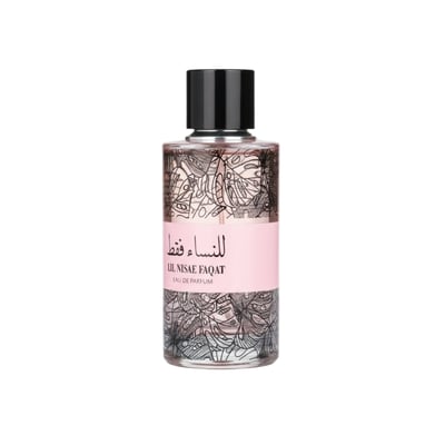 Ard Al Zaafaran Lil Nisae Faqat — Clear glass perfume bottle with black cap, pink label, and intricate black line art design.