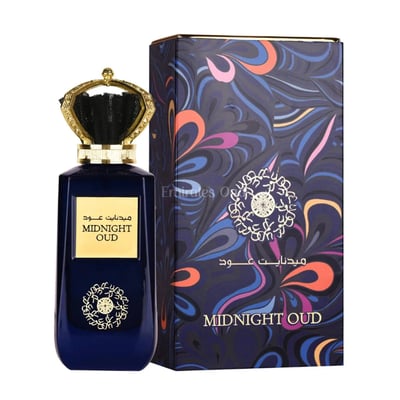 Ard Al Zaafaran Midnight Oud — Dark blue perfume bottle with gold crown cap and ornate gold label, next to a patterned box.
