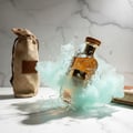 Ard Al Zaafaran Bint Hooran — Gold box and dark glass bottle with black bow, scattered rose petals and pearls on a patterned