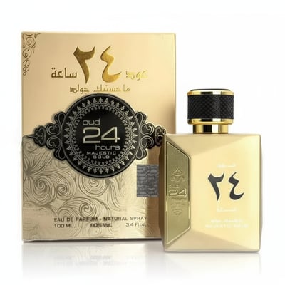 Ard Al Zaafaran Oud 24 Hours Majestic 100ml EDP Man – Ard Al Zaafaran, gold bottle and box with Arabic script and ornate