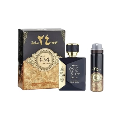 Ard Al Zaafaran Oud 24 Hours — Black box, perfume bottle, and deodorant spray with gold accents on a white background.