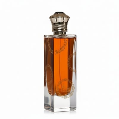 Ard Al Zaafaran Oud Fazza — Rectangular glass bottle with amber liquid, ornate gold pattern, and crown-shaped cap