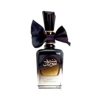 Ard Al Zaafaran Bint Hooran — Black glass perfume bottle with gold Arabic script, black bow, and faceted cap on white