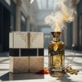 Ard Al Zaafaran I Am The King — Man in grey suit holds brown glass perfume bottle with silver cap.