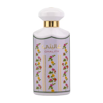 Ard Al Zaafaran Ghality — White bottle with gold accents, decorated with floral patterns of pink and yellow roses.