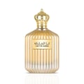 Ard Al Zaafaran Ahlam Al Arab EDP 80 ml — A gold leather-textured perfume bottle and a red metallic spray can with gold