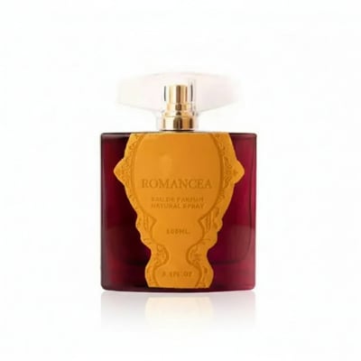 Ard Al Zaafaran Romancea – Red glass bottle with ornate gold label and clear cap, white background