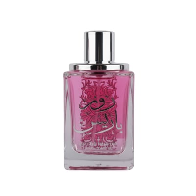 Ard Al Zaafaran Rose Paris — Clear glass perfume bottle with pink liquid, silver cap, and ornate Arabic script design.