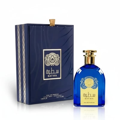 Ard Al Zaafaran Satwa — Blue glass perfume bottle with gold accents next to its matching navy blue box with gold trim.