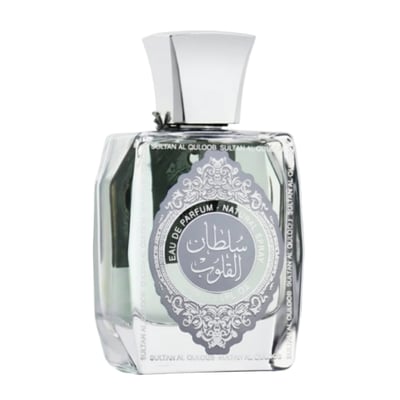 Ard Al Zaafaran Sultan Al Quloub — Clear glass perfume bottle with silver cap and ornate grey label featuring Arabic script.