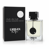 Armaf Club De Nuit Urban Man — Black box and clear glass perfume bottle with black cap and chain detail, white background