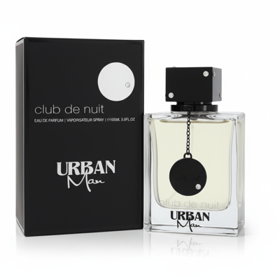 Armaf Club De Nuit Urban Man — Black box and clear glass perfume bottle with black cap and chain detail, white background