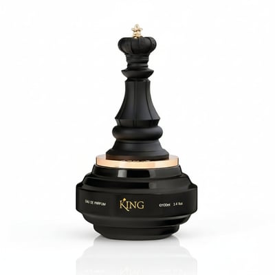 Armaf Armaf King Checkmate — Black chess king shaped perfume bottle with gold accents on a white background