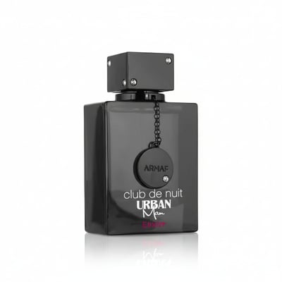 Armaf Club De Nuit Urban Elixir — Black glass perfume bottle with silver cap and chain detail, showing brand name and
