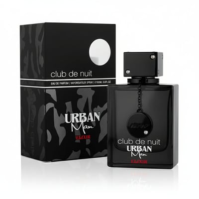 Armaf Club De Nuit Urban Elixir — Black perfume bottle and matching box with abstract grey pattern and white circle detail