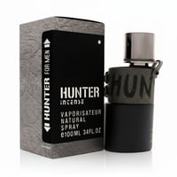 Armaf Hunter Intense — Box and bottle of men's fragrance, black bottle with grey textured band, grey textured box with black