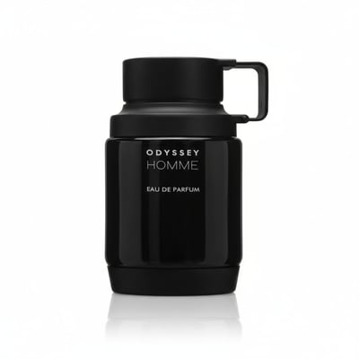 Armaf Odyssey Homme — Black perfume bottle with a handle on the cap, white background