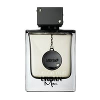 Armaf Club De Nuit Urban Man — Clear glass perfume bottle with a black cap and a black circular tag hanging from a chain.
