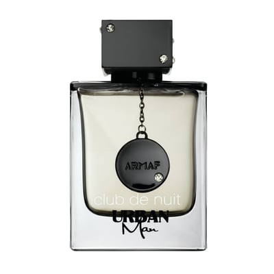 Armaf Club De Nuit Urban Man — Black box and clear glass perfume bottle with black cap and chain detail, white background