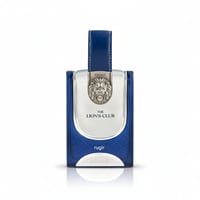 Armaf Rugir Lions Club — Blue glass perfume bottle with silver lion emblem and blue leather strap, on white background.