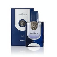 Armaf Rugir Lions Club — Blue glass perfume bottle and matching box with lion emblem on white background