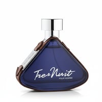 Armaf Tres Nuit — Blue triangular glass perfume bottle with brown leather accents and silver cap, white text.