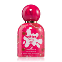 Grandeur Cherry Luxe by Grandeur Tubbees For Her 50ml — Pink perfume bottle with cherry print, white splash design, and a swirled red cap.