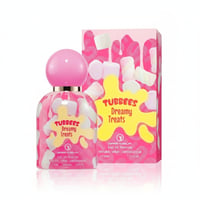 Grandeur Dreamy Treats For Her 50ml — Pink perfume bottle with marshmallow-themed design and matching box, featuring yellow splat graphic with product name.