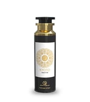 Grandeur Kyoto Selective Angel Deodorant Body 200ml Grandeur Unisex — A black spray bottle with a gold cap and a white label featuring a gold mandala design and text. | Grandeur Kyoto Selective Angel Deodorant Body 200ml Grandeur Unisex — Botol semburan hitam dengan penutup emas dan label putih menampilkan reka bentuk