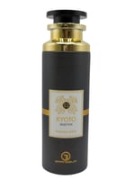Grandeur Kyoto Selective Angel Deodorant Body 200ml Grandeur Unisex — Black cylindrical spray bottle with gold accents and a white label featuring ornate gold detailing and text. | Grandeur Kyoto Selective Angel Deodorant Body 200ml Grandeur Unisex — Botol semburan silinder hitam dengan aksen emas dan label putih