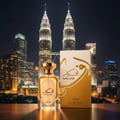 Armaf Club De Nuit Woman — Woman in white suit driving car at night, perfume bottle on console