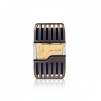 Lattafa Al Azal by Lattafa EDP 100ml For Him — Clear glass bottle with gold liquid, encased in a dark metal cage with blue