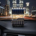 Armaf Dubai Nights Midnight — Perfume bottle and box on wet surface with illuminated city skyline and fountains at night.