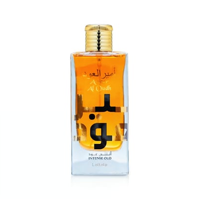 Lattafa Ameer Al Oudh Intense — Clear glass bottle with orange liquid, gold cap, and Arabic text.