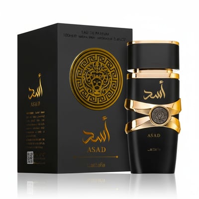 Lattafa Asad by Lattafa EDP 100 ml Men — Black perfume box and bottle with gold accents, lion emblem, and Arabic script