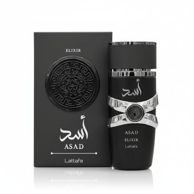 Lattafa Asad Elixir — Black perfume bottle and box with Arabic script and ornate circular emblem.