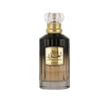Perfume bottle with gold cap and label on a white background
