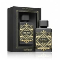 Lattafa Badee Al Oud by Lattafa Oud for Glory — Black box with gold trim, two black perfume bottles with gold geometric