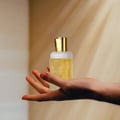 Armaf Club De Nuit Lionheart — Man's hand reaching for a dark brown perfume bottle with a gold lion emblem on a nightstand.