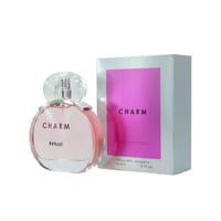 LaMuse Lattafa Charm 100ml EDP for Women — Botol kaca bulat berwarna merah jambu lembut dengan penutup lutsinar dan kotak perak dengan panel magenta