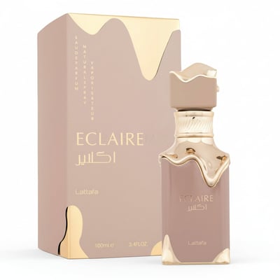 Lattafa Eclaire by Lattafa 100ml EDP Women — Perfume bottle and box with gold accents and Arabic text.