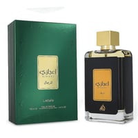 Lattafa Ejaazi by Lattafa Perfume 100 ml for Men — Green box and black perfume bottle with gold accents on a white background