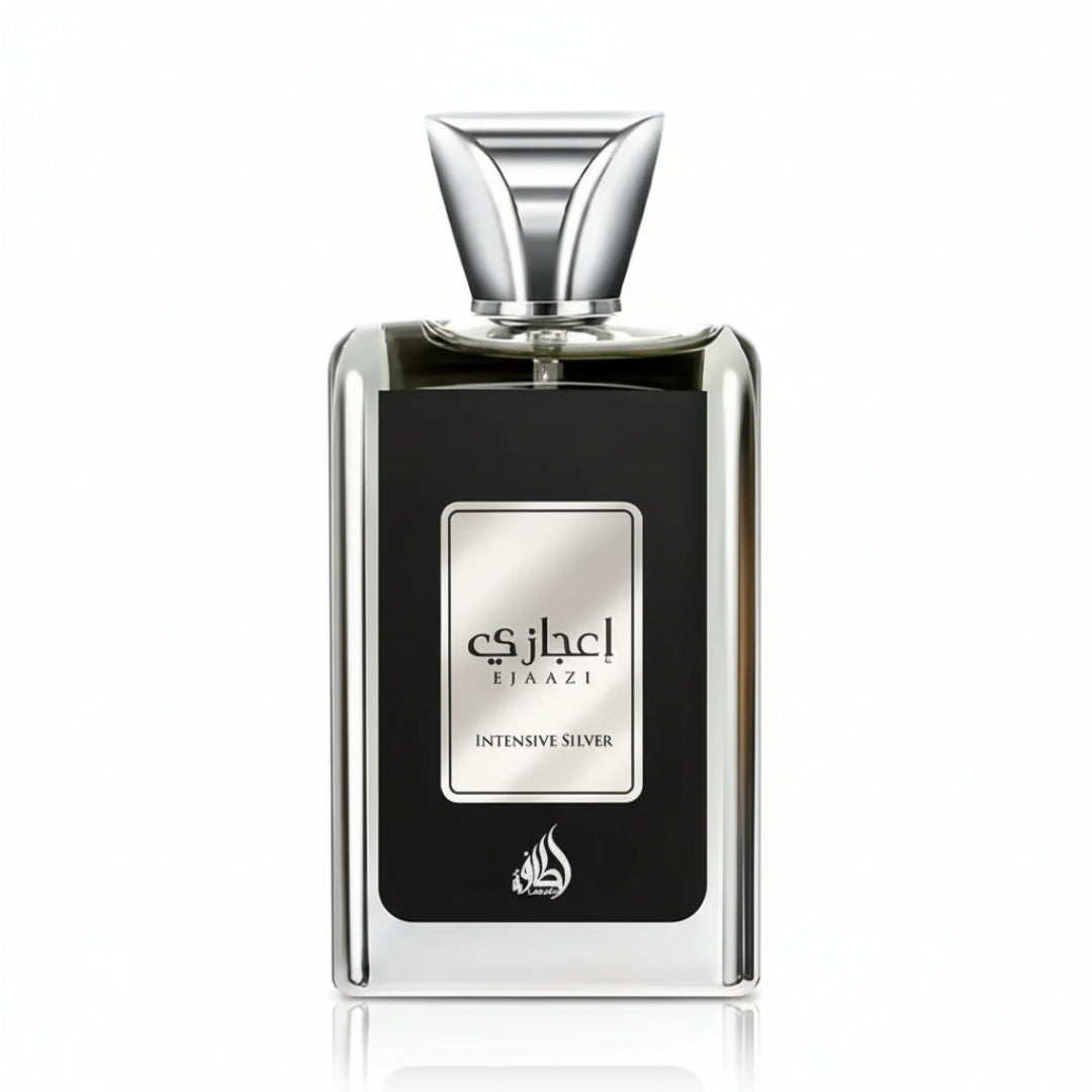 Perfume bottle with silver cap and black body on a white background