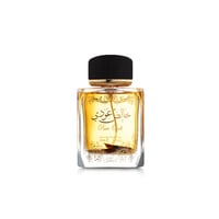 Lattafa Khalis Pure Oudi by Lattafa EDP 100ml — Botol minyak wangi kaca segi empat dengan perincian emas berukir dan penutup hitam, berisi cecair keemasan.