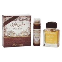 Lattafa Khalis Pure Oudi by Lattafa EDP 100ml — Kotak, botol semburan, dan botol minyak wangi dengan perincian emas dan kaligrafi Arab di latar belakang putih.