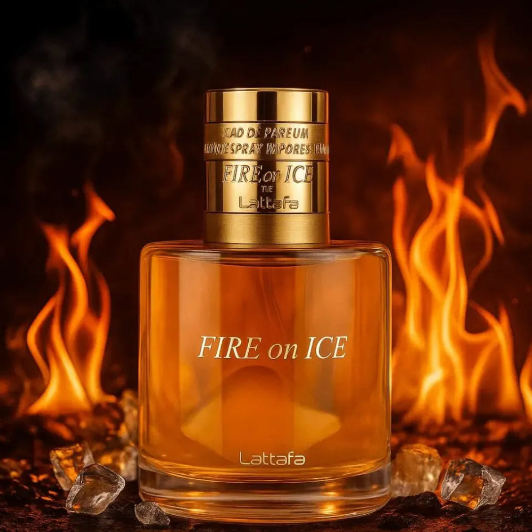 Perfume bottle labeled 'Fire on Ice' with flames and ice cubes in the background