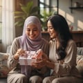 Now Women - Malay hijabi woman smiling joyfully as her non-hijabi friend gifts her a perfume Now pink – emotional friendship perfume scene Malaysia