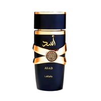 Lattafa Asad — Dark blue box with gold lion emblem and Arabic script. Text details on the left side.